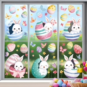 Easter window decals featuring cute rabbits, colorful eggs, and butterflies on glass panes