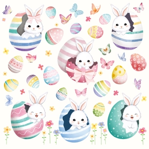 Detailed watercolor Easter stickers featuring white bunnies, colorful eggs and spring flowers