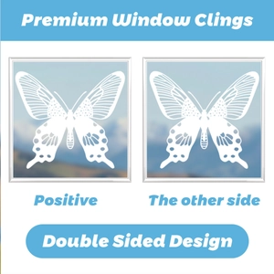 Detail of double sided white butterfly window cling showing consistent visual from both sides