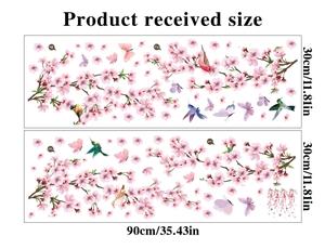 Detailed dimensions of cherry blossom wall stickers with birds and branch patterns