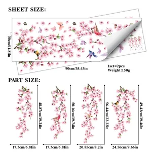 Size chart for cherry blossom static window clings showing sheet dimensions and part sizes