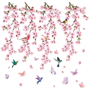 Spring cherry blossom window stickers with realistic birds and colorful butterflies