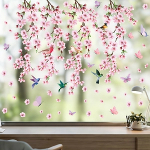 Spring cherry blossom window stickers with birds and butterflies for glass wall decor