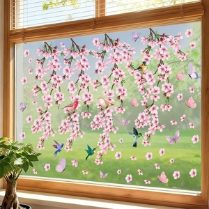 Spring cherry blossom window clings with colorful birds and butterflies for home decoration