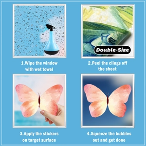 Four-step installation guide for double-sided butterfly window clings with pink watercolor