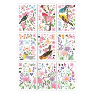9-piece set of spring floral and bird static window clings featuring butterflies and flowers