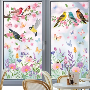 Spring Bird Flower Window Clings Static Double Sided Removable PVC Nature Style Glass Decor For Home Kitchen