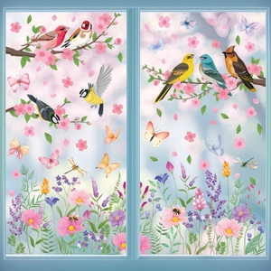 Spring butterfly and floral window stickers featuring colorful birds and cherry blossoms