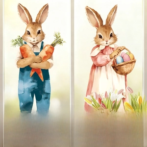 Detailed watercolor Easter bunny stickers with carrots and eggs for glass window decoration