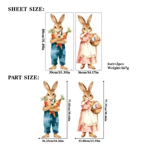 Detailed size guide for Easter bunny wall stickers showing sheet and part dimensions