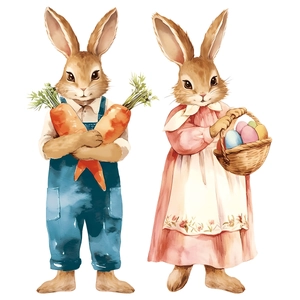 Watercolor Easter bunny window stickers featuring rabbits with carrots and eggs