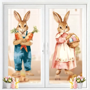 Detail of Easter static window clings featuring watercolor rabbits and colorful eggs