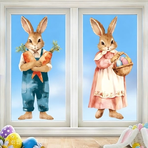 Easter Bunny Window Stickers PVC Static Cling Removable Watercolor Rabbit Carrot Egg Home Glass Door Decoration Decor