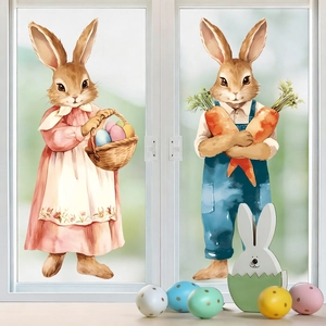 Easter bunny window stickers with watercolor rabbits carrying colorful eggs and carrots