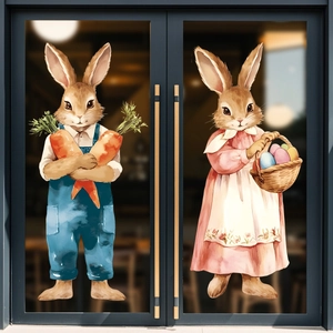 Easter bunny window stickers with watercolor rabbits, carrots and eggs for glass decor
