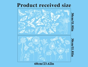 Detailed dimensions for white butterfly and flower static cling glass window stickers