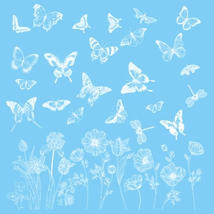 Detail of white butterfly and floral static cling decals for glass window decoration