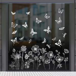 White Butterfly Flower Window Clings Static Stickers Glass Decoration Spring Hand Drawn Floral Pattern Removable Non Adhesive