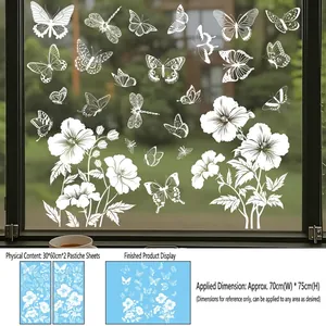 Detail of white butterfly and flower static cling window decals on a glass surface