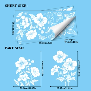 Detailed sheet view of white butterfly and flower static stickers with 30x60cm dimensions