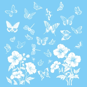 Detail view of white butterfly and hibiscus flower static decals for window decoration