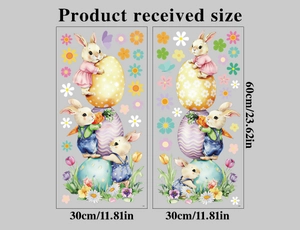 Dimensions détaillées des stickers de Pâques avec des lapins, des œufs colorés et des fleurs