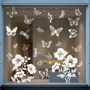 Modern white butterfly and floral window stickers for elegant interior glass decoration