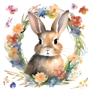 Watercolor bunny wall decal with floral wreath for Easter holiday window decoration