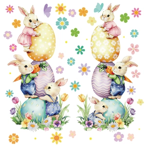 Stickers de fenêtre de Pâques avec lapins mignons, œufs colorés et motifs de fleurs de printemps