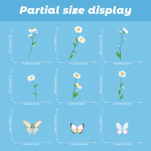 Detailed size chart for daisy flower and butterfly window stickers with dimensions