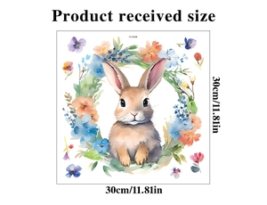 Detail showing 30x30cm watercolor Easter bunny wreath window sticker dimensions