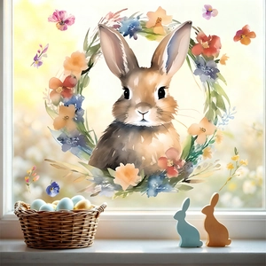 Easter Window Stickers Watercolor Bunny Rabbit Floral Wreath PVC Static Cling Decals Glass Door Home Decoration