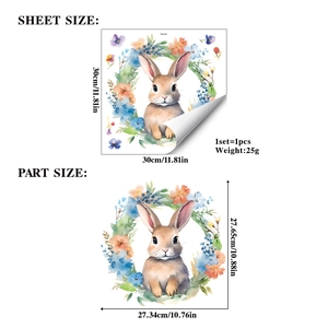 Detailed sheet size 30x30cm for Easter bunny floral wreath watercolor static window sticker