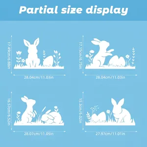 Easter cartoon rabbit window decals size chart featuring four white bunny and egg designs