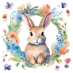 Easter bunny window sticker featuring a watercolor floral wreath with colorful spring flowers