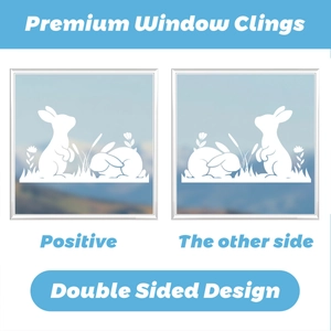 Double-sided Easter window sticker featuring white cartoon rabbits and floral paper-cut design