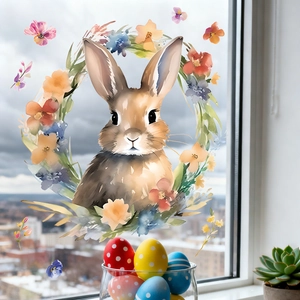 Easter bunny window cling with flower wreath and colorful eggs on glass surface