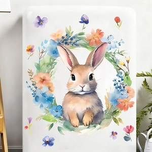 Detail of Easter wreath window sticker featuring a watercolor bunny and floral design