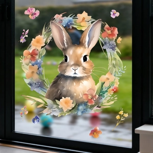 Watercolor bunny window sticker with colorful floral wreath on glass for Easter decor