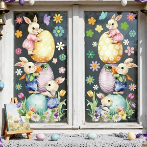 Stickers de Pâques pour fenêtres avec lapins mignons et œufs colorés décoratifs sur verre
