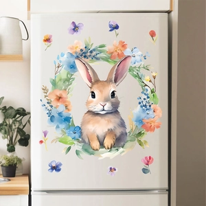 Watercolor Easter bunny sticker with floral wreath displayed on a white refrigerator surface