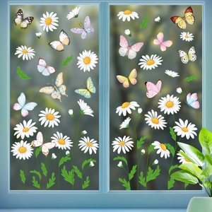 Butterfly Daisy Flower Static Window Clings Double Sided Spring Floral Window Decals For Glass Windows Home Decoration Sticker