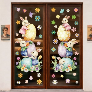Stickers électrostatiques de Pâques avec lapins et œufs colorés pour fenêtres