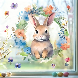 Easter wreath window sticker featuring a watercolor rabbit and vibrant floral decoration
