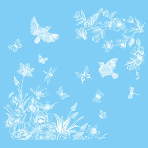 Detail of white floral and bird static window clings on a light blue background