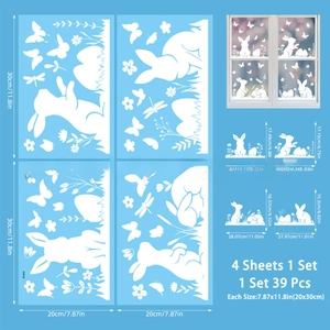 Set of 4 Easter window stickers with 39 white bunny and floral decals for home decor