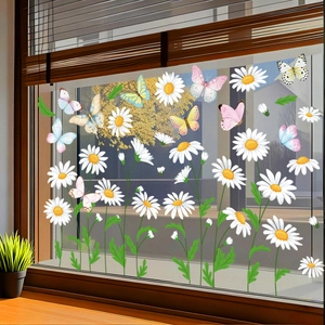 Spring daisy and butterfly static window decals for floral home glass decoration