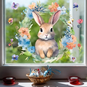 Easter window cling with watercolor rabbit in floral wreath for home glass decor