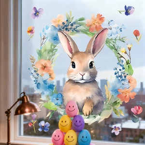 Easter window clings featuring watercolor bunny, floral wreath and colorful smiley eggs