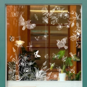 White floral and butterfly static window clings set for spring home glass decoration